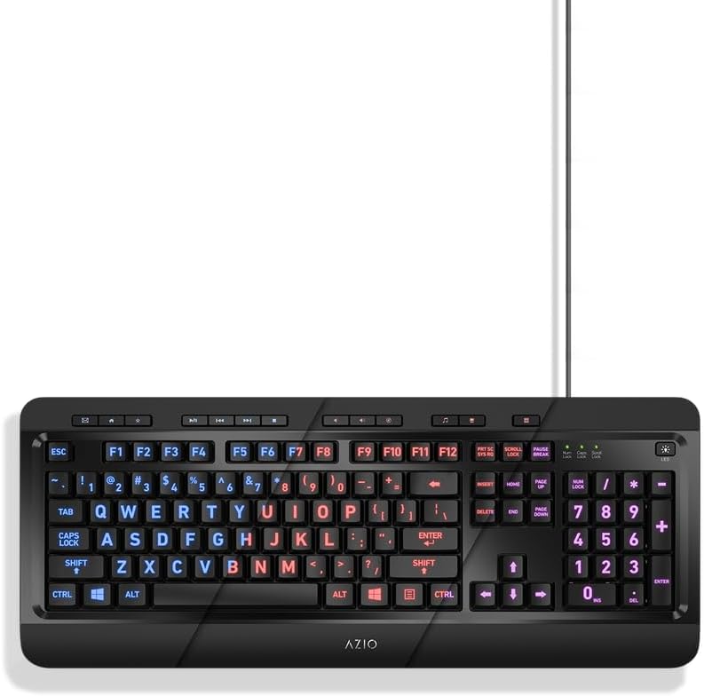 Azio Large Print Keyboard - USB Computer Keyboard with 3 Interchangeable Backlight Colors (KB505U-LN)