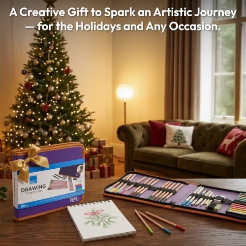 COLOUR BLOCK 40-Piece Drawing Travel Art Set – Portable Sketch and Drawing Art Kit with 16 Colored Pencils, 12 Soft Pastels, 2 Sketching Pencils, 6 Tools, Pad, Zip Case for Beginners, Artists, Adults