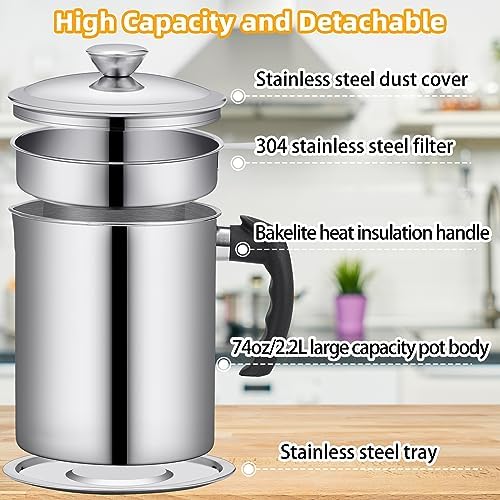 Kaemi 2.2L / 74OZ Bacon Grease Container With Strainer, Bacon Grease Keeper,Oil Storage Container for Kitchen,Filtered Oil Jug With Lid and Easy Grip Handle for Storing Meat Frying and Cooking Oil