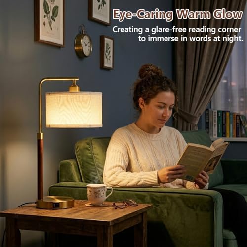 LAMSU Touch Lamp for Nightstand, Mid Century Table Lamp with Bulb, Solid Wood Pole, Dimmable Bedside Lamp with USB Charging Ports, Modern Gold Tall Desk Lamps for Bedroom Living Room Office