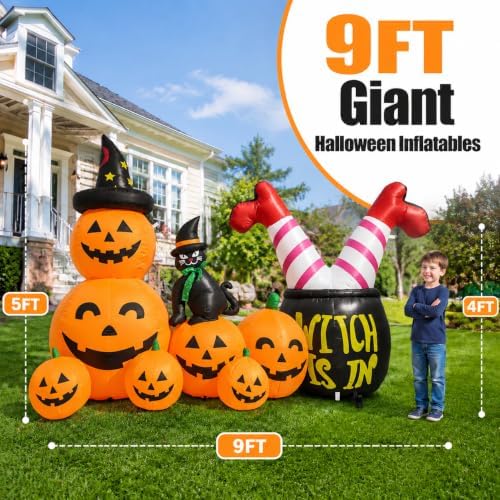 9FT Giant Halloween Inflatables Pumpkins with Witch Outdoor Decorations, Blow Ups 7 PCS Pumpkins with Build-in LED Lights, Funny Yard Garden Decoration for Halloween Party Indoor Outdoor