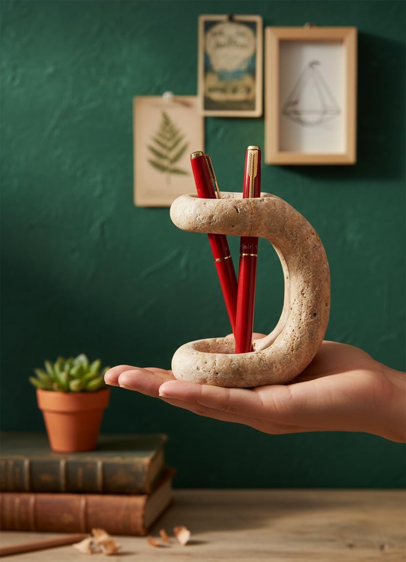 Marble Pen Holder for Desk, 4 Inch Travertine Pencil Holder