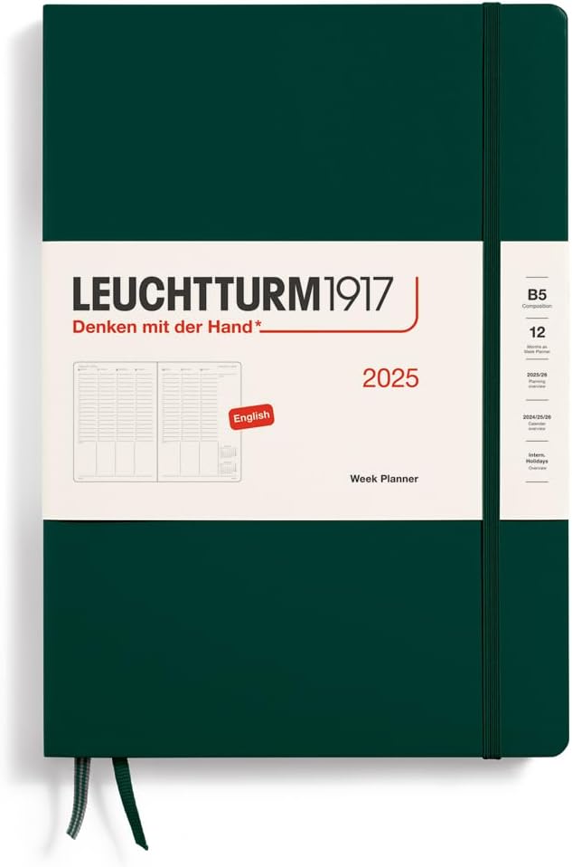LEUCHTTURM1917 370692 Weekly Planner 2025, Composition B5 Hardcover - 12-Month Calendar, Lined - Forest Green, English