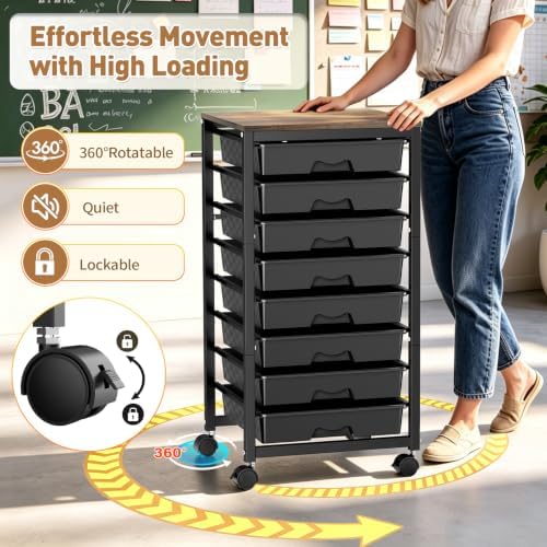 SUNALLY Rolling Cart With 8 Drawers,Storage Drawer Cart for Craft Art,Black