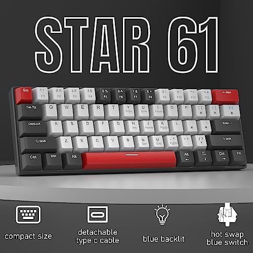 Camiysn 60% Mechanical Gaming Keyboard,Mixed Color Keycaps Gaming Keyboard with Clicky Blue Switches, Detachable Type-C Cable Mini Keyboard with Blue LED Light for/PC/Laptop