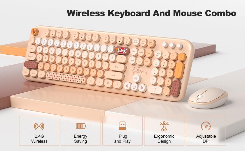 MOFII Wireless Keyboard and Mouse Combo - Pale Coffee Full Sized Plug and Play Colorful Computer Keyboards - 104 Keys Round Keycap USB 2.4G Cute Keyboard for Windows/Laptop/Mac/Desktop/PC