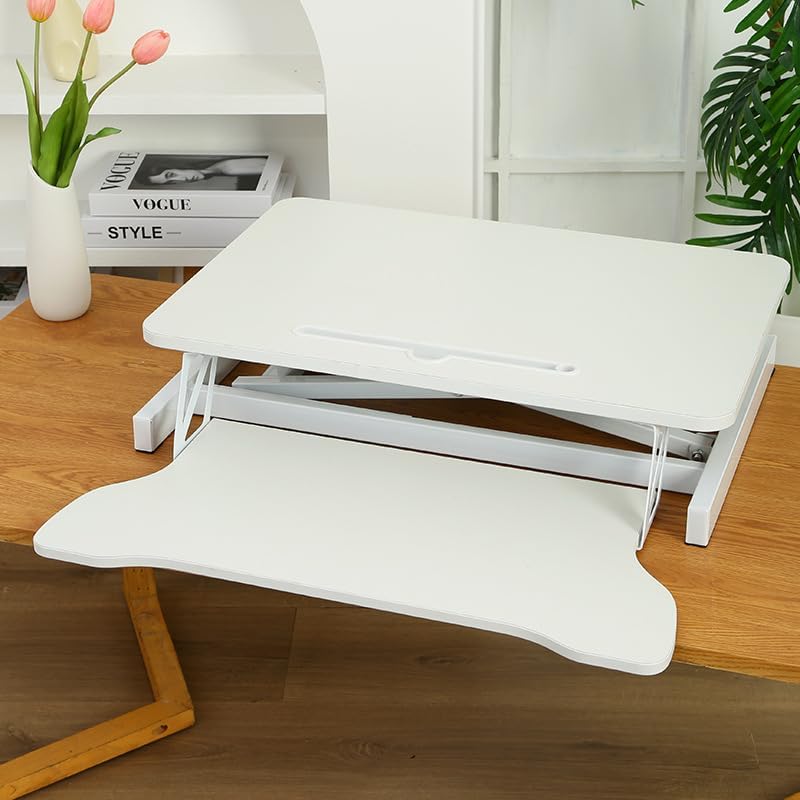 32 Inch Height Adjustable Stand Up Desk Riser, Heavy Duty Computer Workstation with Removable Keyboard Tray - Ergonomic Design for Home Office Workshop Gaming, Spacious Platform(White)