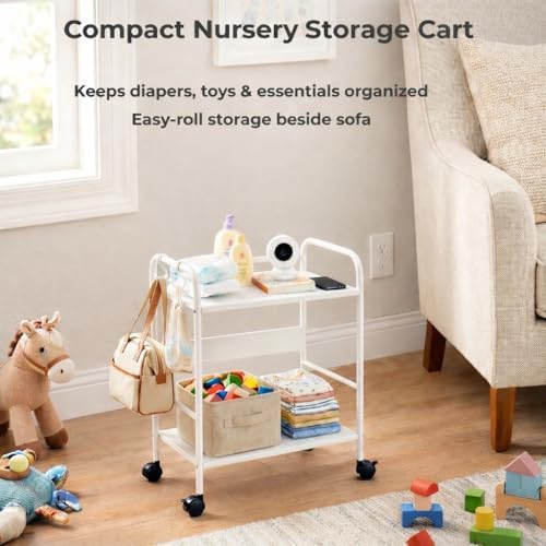 2-Tier Metal Rolling Cart, Compact Under Desk Storage Organizer