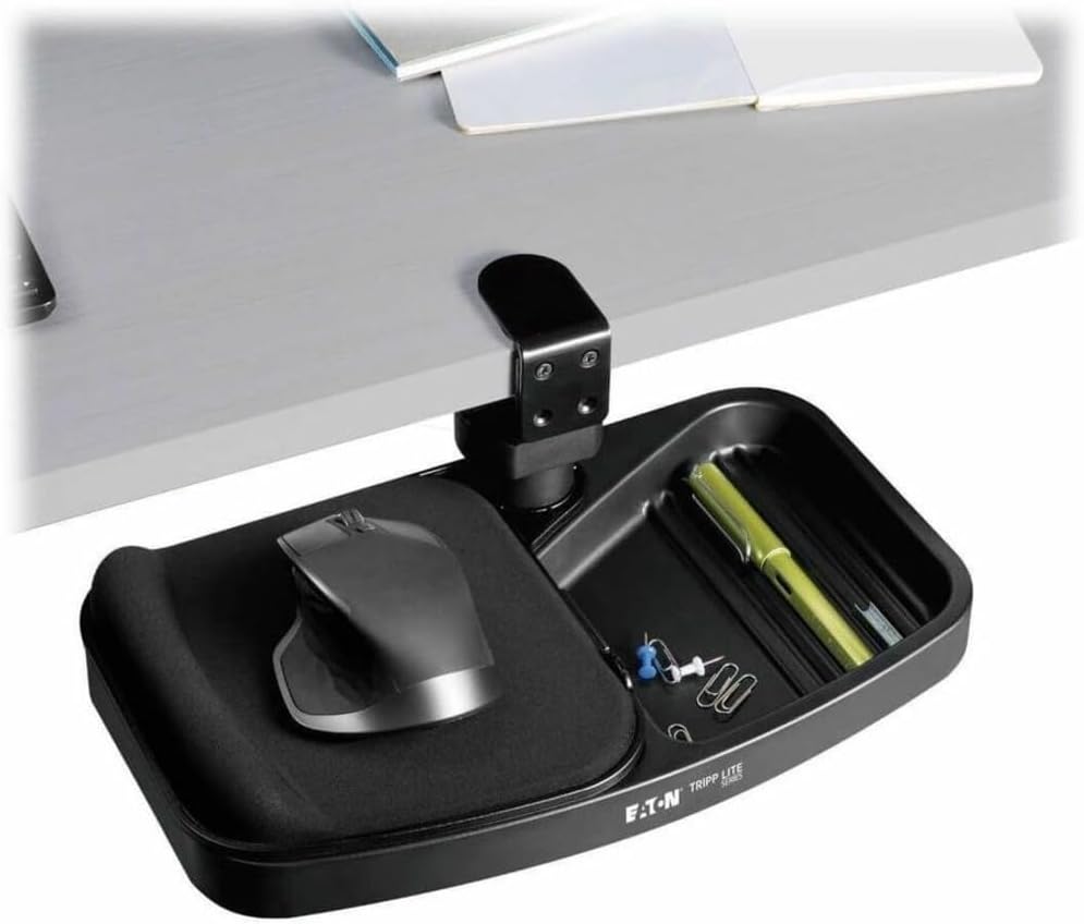 TRIPP LITE Under Desk Storage Tray Clamp-on Storage Tray w Mouse Pad, Wrist Rest - Office Desk Organizer 360 Swivel 5-Year Warranty (DMUDSC)