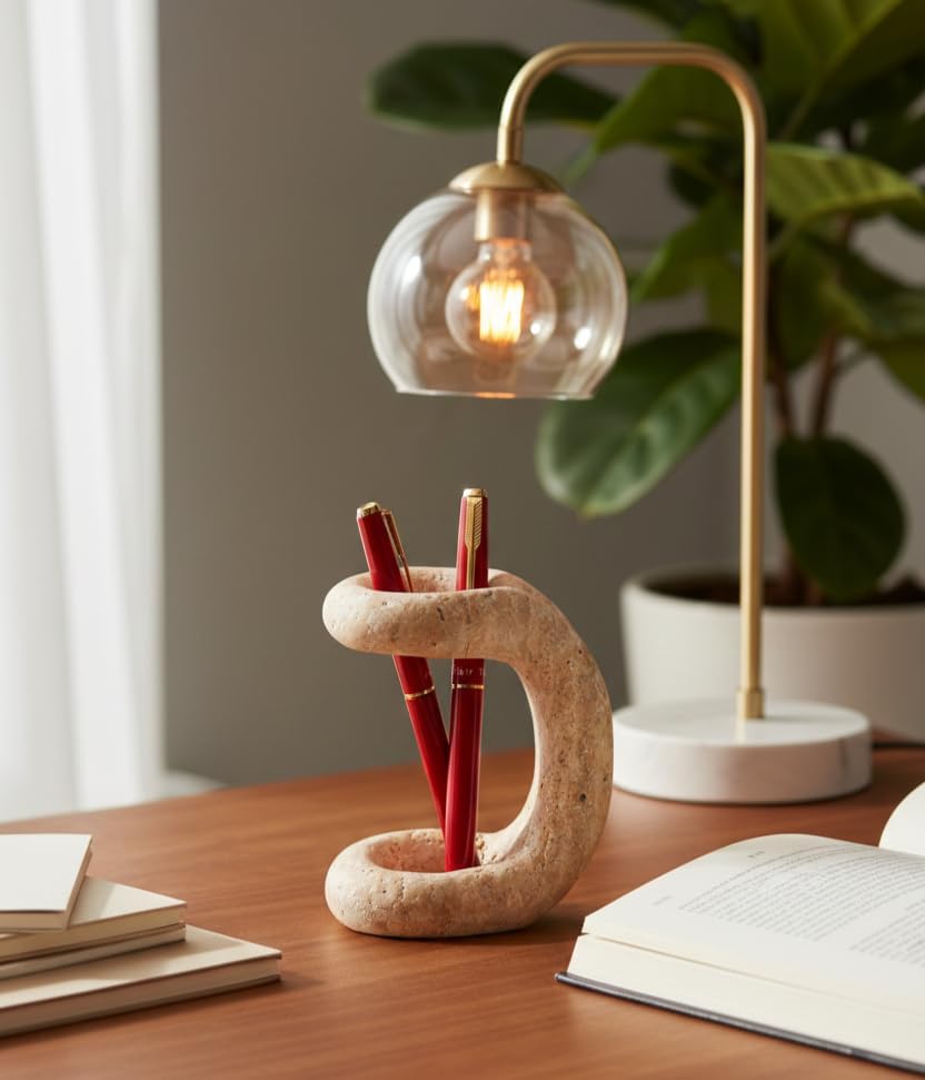 Marble Pen Holder for Desk, 4 Inch Travertine Pencil Holder
