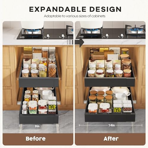 Seinloes 2 Pack Pull Out Cabinet Organizers 21" Deep With Raising Pad for Framed Cabinets, Expandable Width (9"-14") Slide Out Drawers Upgrade 3 Slide Rails, Roll Out Shelves Adhesive, Black