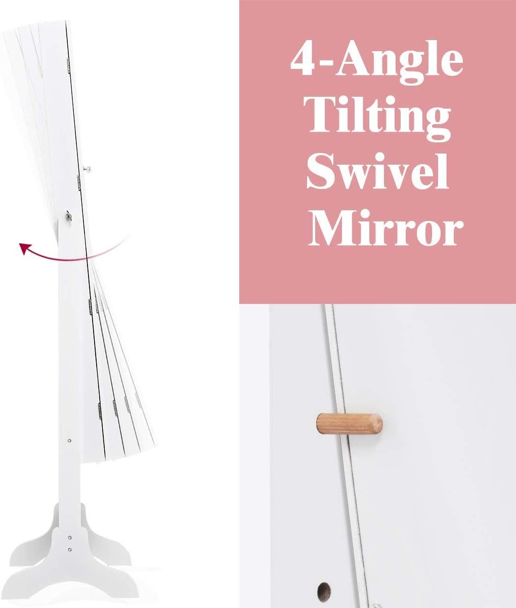 Mirror Wood Standing Jewelry Cabinet, Lockable Standing Jewelry Armoire with Key, Large Storage Capacity Jewelry Cabinet Organizer with 2 Drawers, 4 Angel Adjustable (White)