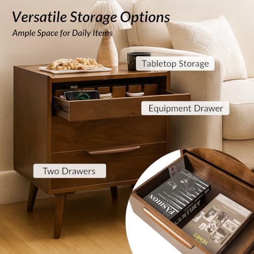 HULALA HOME 2-Drawer End Table with Charge Station, Walnut