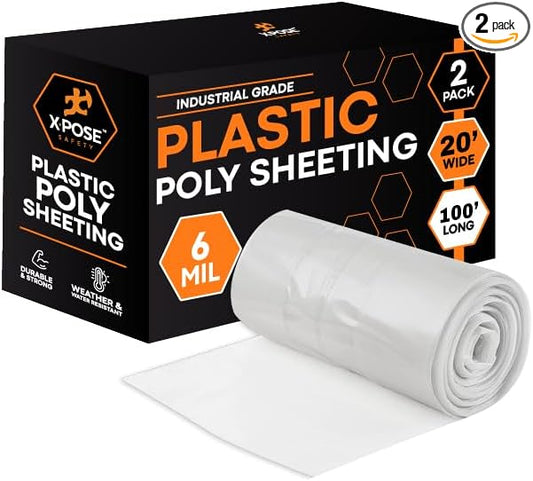 Xpose Safety Clear Plastic Sheeting 2 Pack – 20' x 100' Rolls – Heavy Duty 6 Mil Poly Sheet – Waterproof, Dustproof, Vapor Barrier – for Construction, Painting, Industrial Use