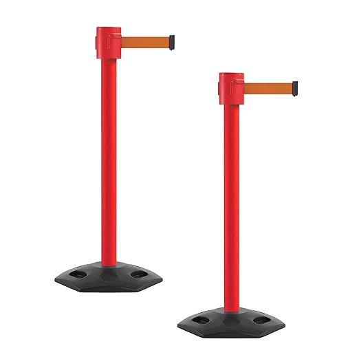 Montour Line MSR760 Set of 2 Retractable Belt Barrier Stanchion, Rubber Base, Red Post (35 ft Orange Belt)
