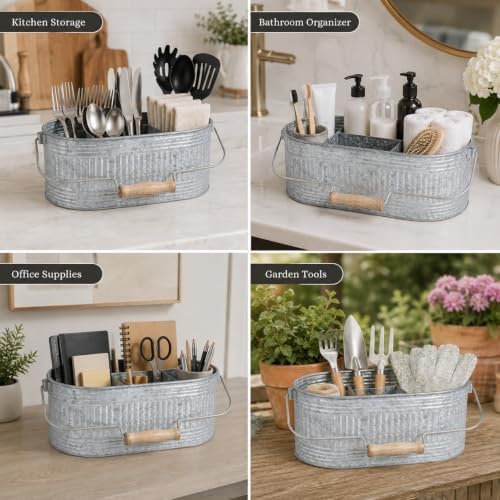 CLEENTABLE Galvanized Metal Utensil Caddy, 4-Compartment