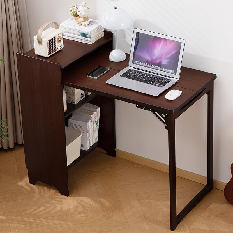 Bamboo Folding Desk with Storage for Small Spaces (Walnut)