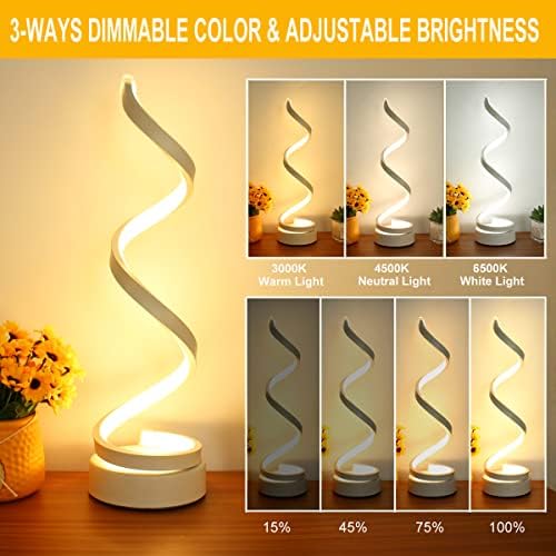 Modern Spiral Table Lamp, Dimmable Table Lamps for Bedroom, 12W LED Desk Lamp for Living Room, 3 Colors 10 Brightness Bedside Lamps Nightstand Lamps Desk Light for Nightstand, Office - White