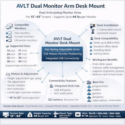 AVLT Dual Monitor Arm Desk Mount for 13-43" Screens, Heavy Duty - Black