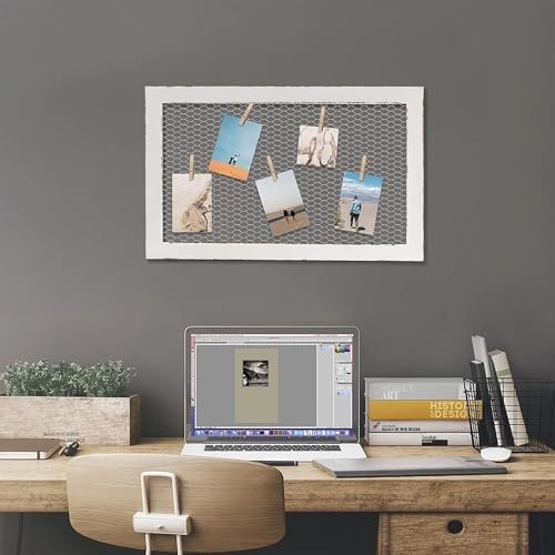 SOFE Chicken Wire White Framed Bulletin Boards, 18×29" Wood Grid Shelf