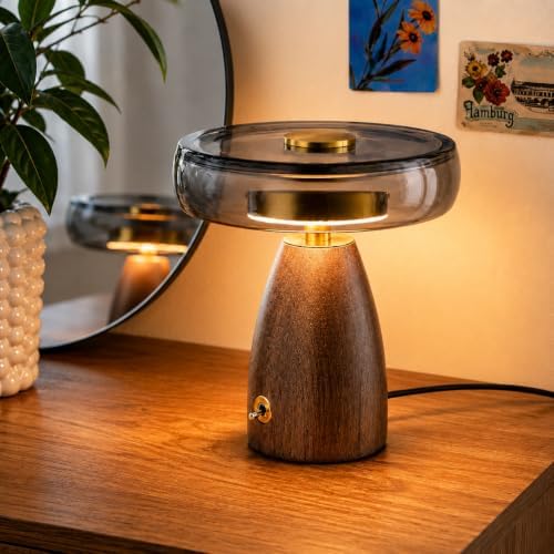 SEHNLICH Aesthetic 9” Table Lamp for Living Room, Bedroom, Bedside, Nightstand Lamp with Wood Base, Stained Glass Shade, 3 Color Temperature, Vintage Retro Mushroom Mid Century Modern Lamp, Desk Decor