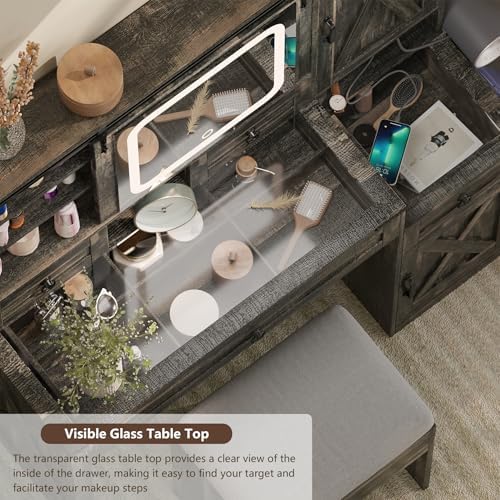 Farmhouse Makeup Vanity Desk with Sliding Mirror and Lights, 42 Wood Vanity Table Set with Glass Top, Power Outlets, Jewelry Storage Cabinet, 4 Drawers, Stool for Country Room Decor, Rustic Black