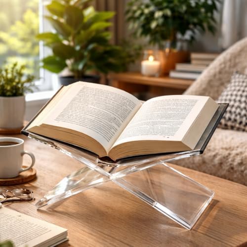 Clear Acrylic Book Stand for Display and Reading, Modern Open Book Holder for Cookbooks, Coffee Table Books, Bibles, Magazines and Art Books