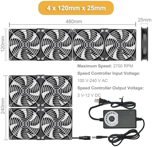 4 x 120 mm Computer Fan with AC Plug, Brushless Cooling Fan