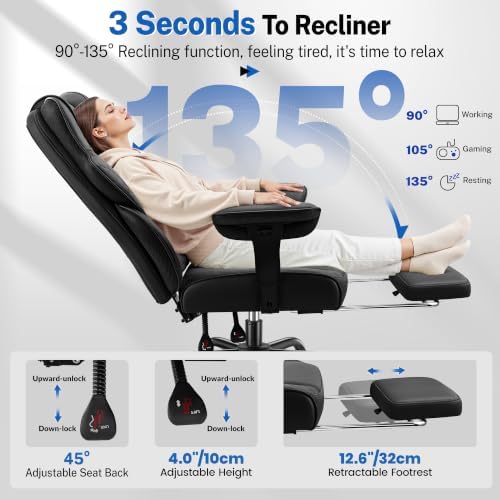 FelixKing Big and Tall Office Chair 500lbs - Ergonomic Desk Chair with Footrest, Scratch-Resistant PU Leather Computer Chair, 4D Lumbar Support Gaming Chair, Comfy Reclining Swivel Work Chair, Black