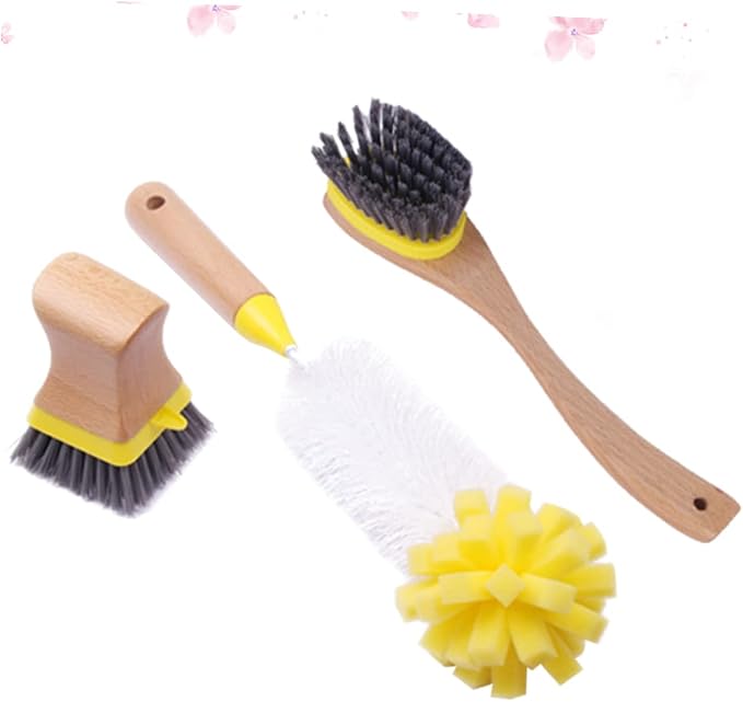 Natural Wood Handle Sponge Scrubber Tile Scrubber Brush Cleaner Kitchen