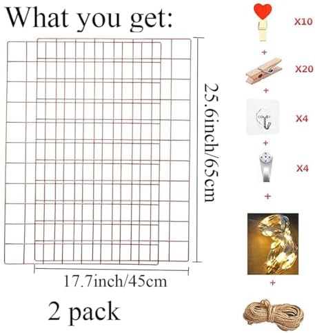 2 Pack Large Wall Grid Panels with Light and Clips, Photo Display Board, Picture Frame Collage Board, Wire Grid Wall Panel Room Decoration,Rose Gold