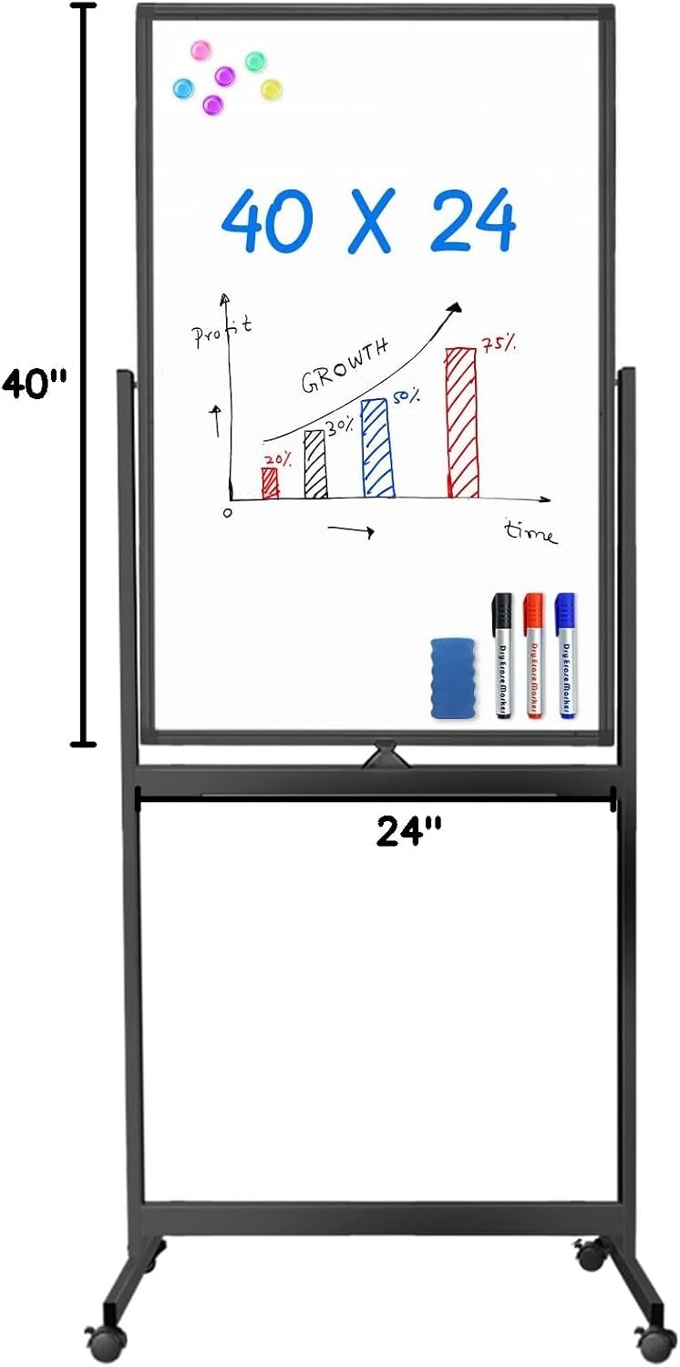 Maxtek Magnetic White Board on Wheels 40x24 Black Mobile Double-Sided Board
