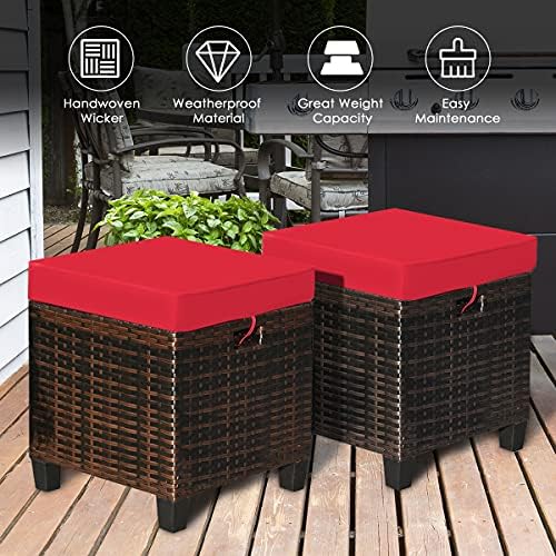 ORALNER Set of 2 Outdoor Ottoman, 16" Wicker Footstools, All-Weather Rattan Cube Foot Stool w/Removable Cushions, Square Footrest Extra Seating for Patio, Porch, Deck, Easy Assembly (Red)