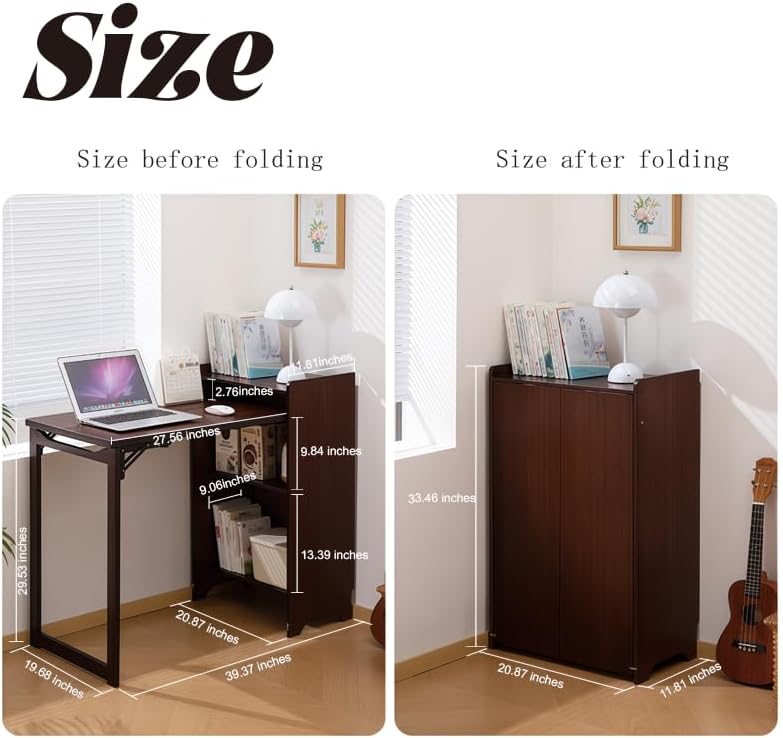 Bamboo Folding Desk with Storage for Small Spaces (Walnut)