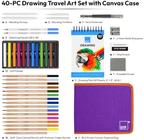 COLOUR BLOCK 40-Piece Drawing Travel Art Set – Portable Sketch and Drawing Art Kit with 16 Colored Pencils, 12 Soft Pastels, 2 Sketching Pencils, 6 Tools, Pad, Zip Case for Beginners, Artists, Adults
