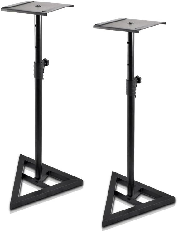 Pyle Universal Monitor Speaker Stands - Heavy Duty Studio Speakers Holder 9” Metal Square Platform 26” - 52” Telescopic Height Adjustment & Three-Point Triangle Base Plate w/ Floor Spikes - AZPSTND35