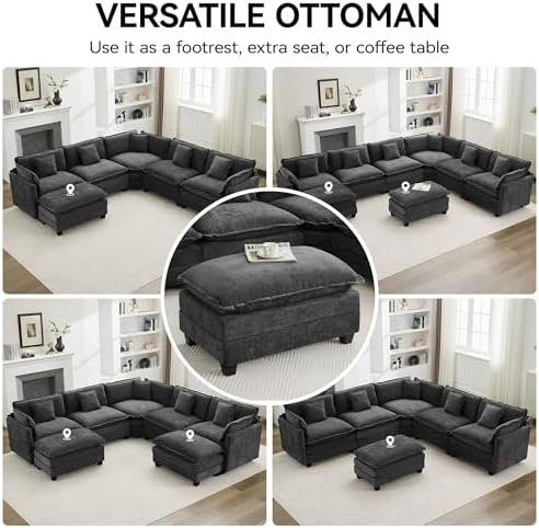 35‘’ Modern Chenille Cloud Sofa Ottoman,Rectangle Ottoman for Modular Sectional Sofa, Dark Grey