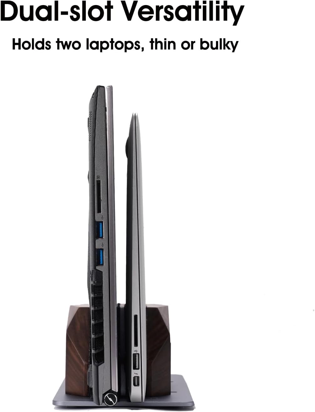 Walnut Vertical Laptop Stand, Dual Slot Wood Laptop Holder for Desk