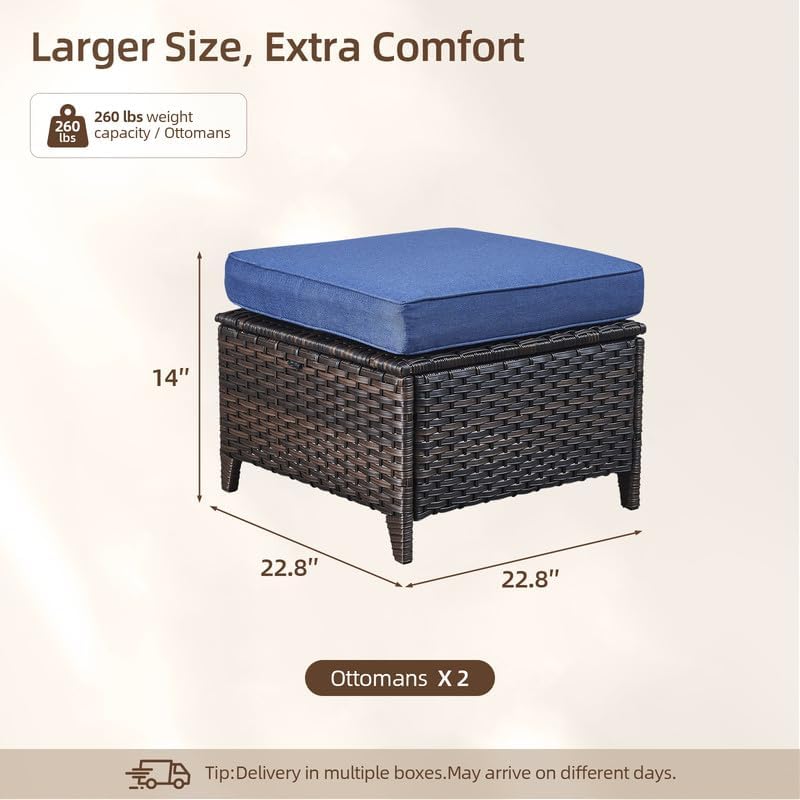 Rilyson Luxury Outdoor Wicker Patio Ottomans Set of 2, 250 lbs Capacity Rattan Large Ottomans for Patio Footrest Set 22.8in*22.8in*14in with 3.5in Thick Cushion (Brown/Blue)