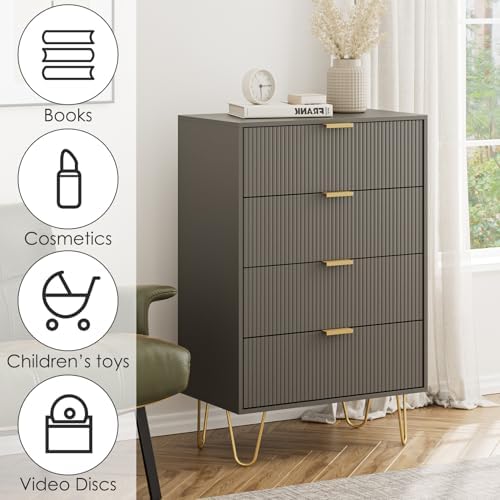 Masupu 4 Drawer Dresser, Drawer Chest, Tall Storage Dresser Chest Cabinet Organizer Unit with Gold Metal Legs, Nightstand for Bedroom, Living Room, Closet, Hallway Gray Stripe