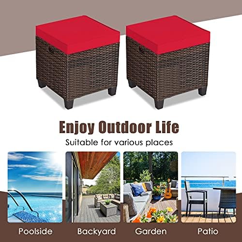 ORALNER Set of 2 Outdoor Ottoman, 16" Wicker Footstools, All-Weather Rattan Cube Foot Stool w/Removable Cushions, Square Footrest Extra Seating for Patio, Porch, Deck, Easy Assembly (Red)