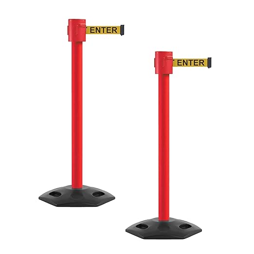 Montour Line MSR760 Set of 2 Retractable Belt Barrier Stanchion, Rubber Base, Red Post (35 ft Yellow with "Caution - DO NOT Enter" Black Letters Belt)