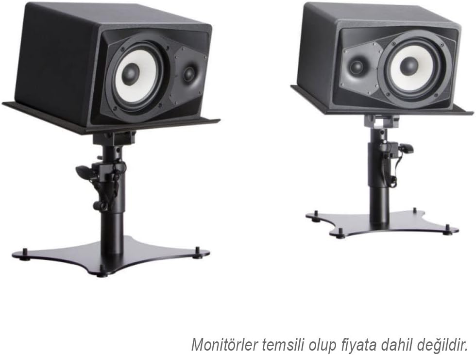 On-Stage SMS4500-P Clamp-On Studio Monitor Speaker Stands: Height-Adjustable (9"-12.5"), Locking pin for Security, Steel Construction, Nonslip Rubber feet. Table/Desk use, Black Finish. Pair.