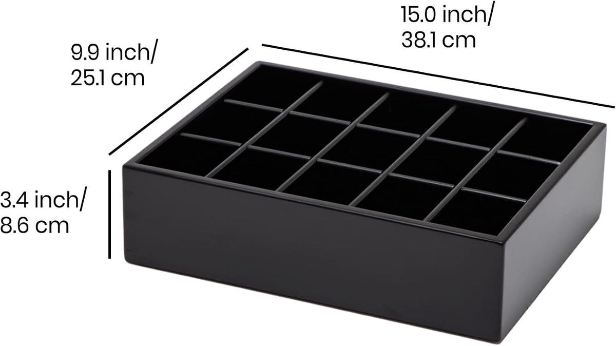 GOBAM Bamboo Closet Drawer Organizer, 15 Compartments - Drawer Divider & Storage Box for Ties, Bras, Briefs, Socks & Jewelry - Storage Organizer for Dressing Room & Bedroom - Black