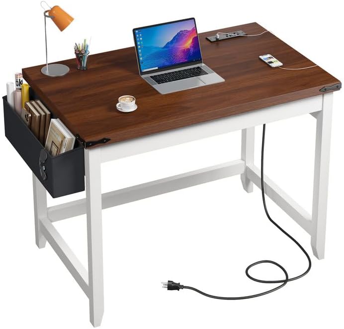 EnHomee 32"Farmhouse Writing Desk with Power Outlet,Storage Bag for Bedroom