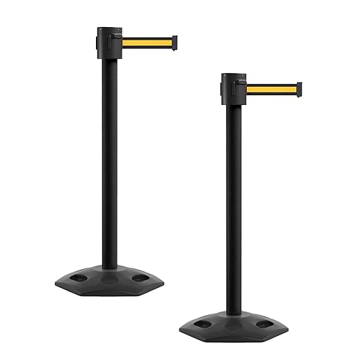 Montour Line MSR760 Set of 2 Retractable Belt Barrier Stanchion, Rubber Base, Black Powder Coated Post (35 ft Black with Yellow Horizontal Stripe Belt)
