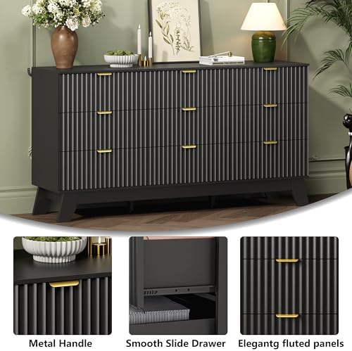 Wodeer 9 Drawer Fluted Dresser for Bedroom, Mid Century Modern Dresser with 9 Drawers, Dressers & Chests of Drawers with Metal Handle, TV Stand & Storage Organizer for Entryway, Hallway, Black