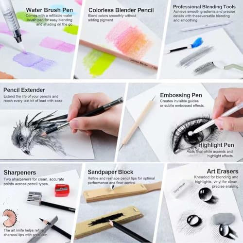 240PCS Artists Art Supplies - Drawing Kit with 3 Sketchbook, Coloring book - Graphite,Colored, Charcoal, Watercolor,Metallic,Fluorescent & Rainbow Pencils - for Artists and Beginners