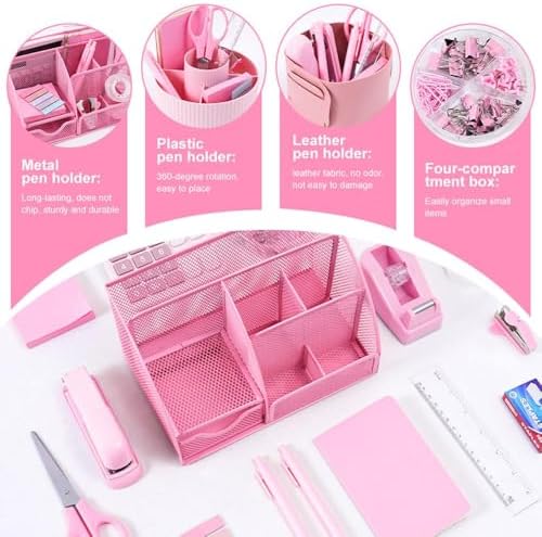 Gawsey Desk Organizers and Accessories with Desk Organizer 360° Rotating Pen Holder and Office Supplies, Cute Stationery Supplies Set (Pink)