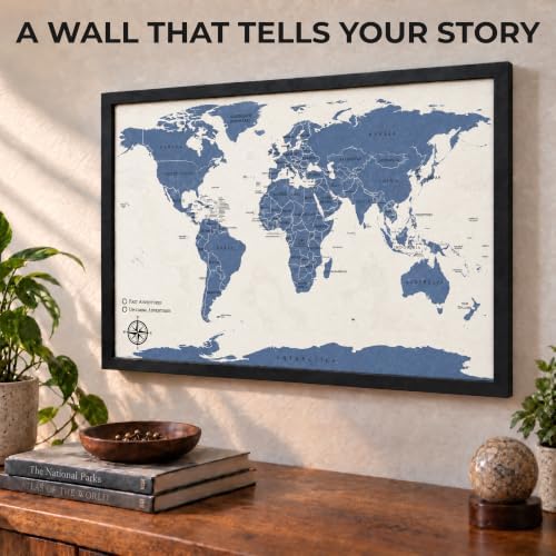 Large Push Pin World Travel Map – 30" x 20" Framed Cork Board Wall Art, Modern World Map with 200 Unique Pins for Tracking Adventures, A Premium Gift for Travelers, Couples and Families